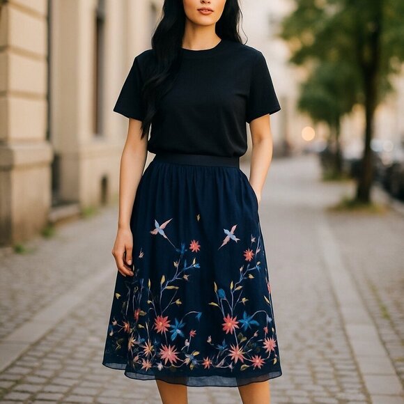 Reserved Navy Mesh Floral Embroidered Midi Skirt S Romantic Tulle Flash Sale - Picture 1 of 14